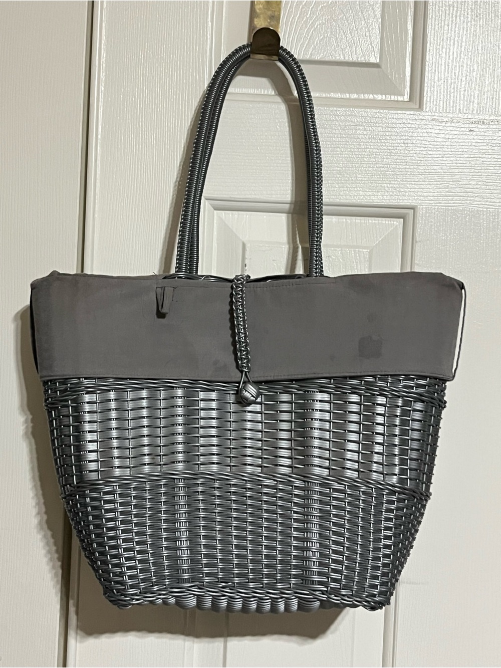 Gray Woven Tote Bag with Fabric Trim - Women's Everyday Carry